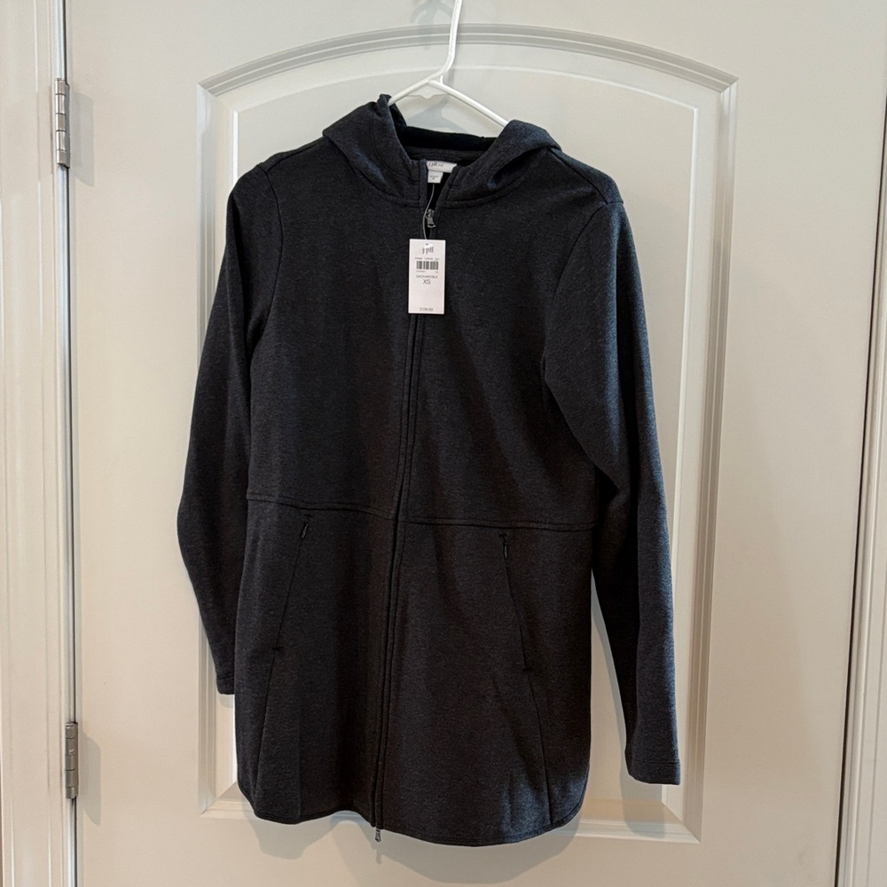 J Jill Charcoal Grey and Black Hooded Zip Jacket - Lightweight Cozy Layer